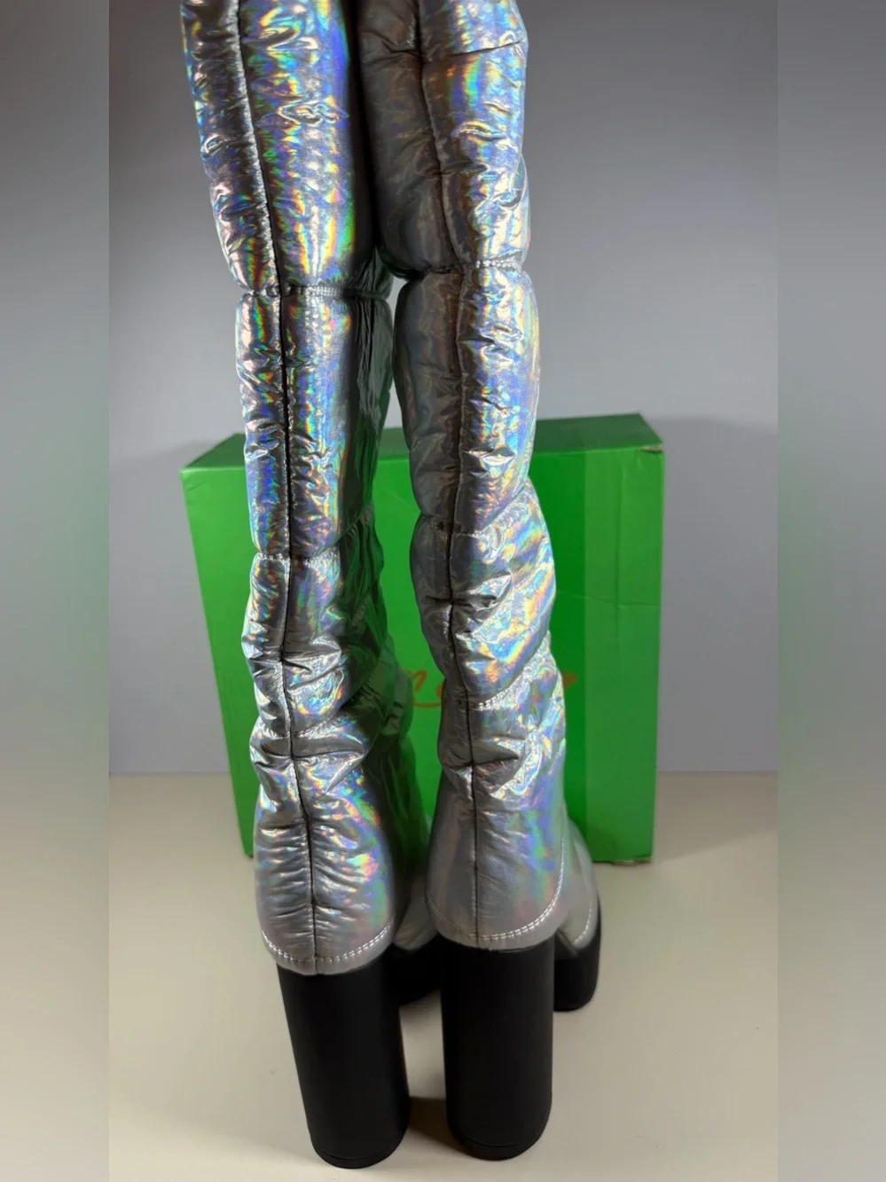 Holographic Silver Knee-High Block Heel Boots - Women